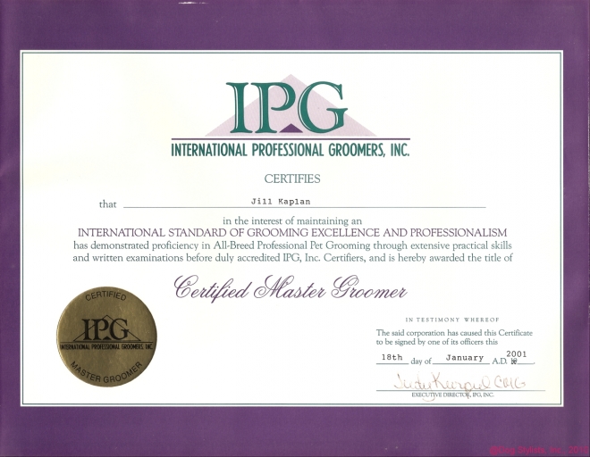 Jill's Master Groomer Certificate